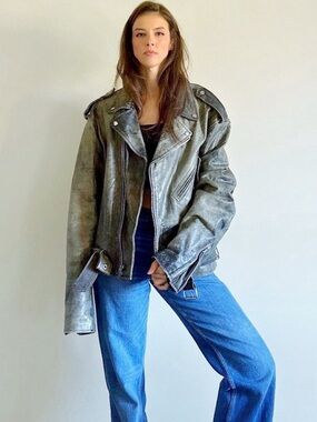 Vintage Gray Distressed Oversized Leather Motorcycle Jacket